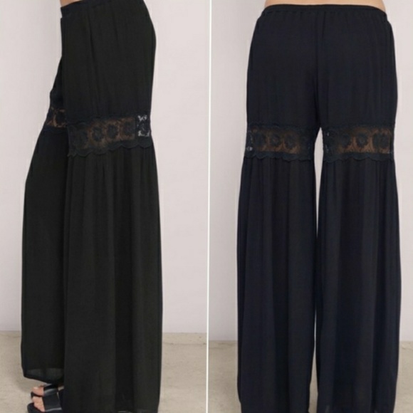 Rare Tobi Women's Black Crepe & Lace Nylon/ Viscose Blend Wide Leg Pants XS TP - Picture 5 of 6
